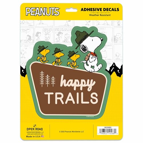 Image of Peanuts Snoopy Happy Trails Adhesive Vinyl Decal - Cute Snoopy Adventure Sticker for Car or Truck