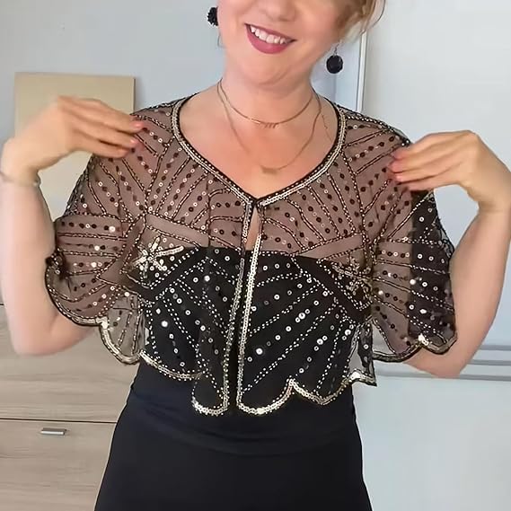 Vintage Lace Beaded Shawl, Women's 1920s Soft Stylish & Versatile Mesh Fringe Wraps, Sequin Beaded Shawls and Wraps2