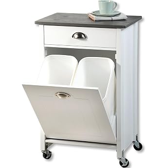 Kesper Wooden Kitchen Trolley with Waste Separation System 50 x 37 x 79 cm high Kitchen Cabinet for Rubbish Bags with Worktop and Drawer 15 L Bin Liners White