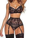 Avidlove Lingerie for Women Garter Lingerie Set for Women with Underwire Bondaged Lingerie Strappy Push Up 3 Piece Lingerie Set with Garter(Black,L)