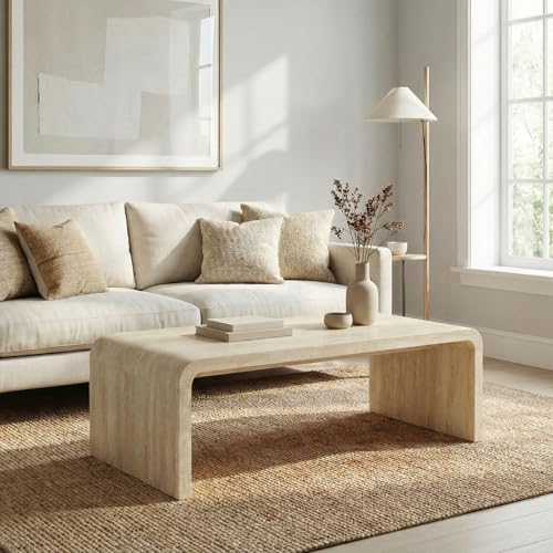 Hyfirm Modern Boho Faux Marble Coffee Table, 47' Travertine Pattern Waterfall Rectangular Center Table in a Scandinavian Style for Living Room with Sturdy Wood Frame, Thick Legs & Easy Assembly