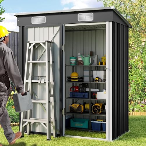 YSOAE 3 x 5FT Outdoor Storage Shed Galvanized Metal Shed with Lockable Door Air Vent Suitable Utility Tool Organizer Tiny House Storage Sheds for Yard Patio Garden Lawn (158x83x185CM)