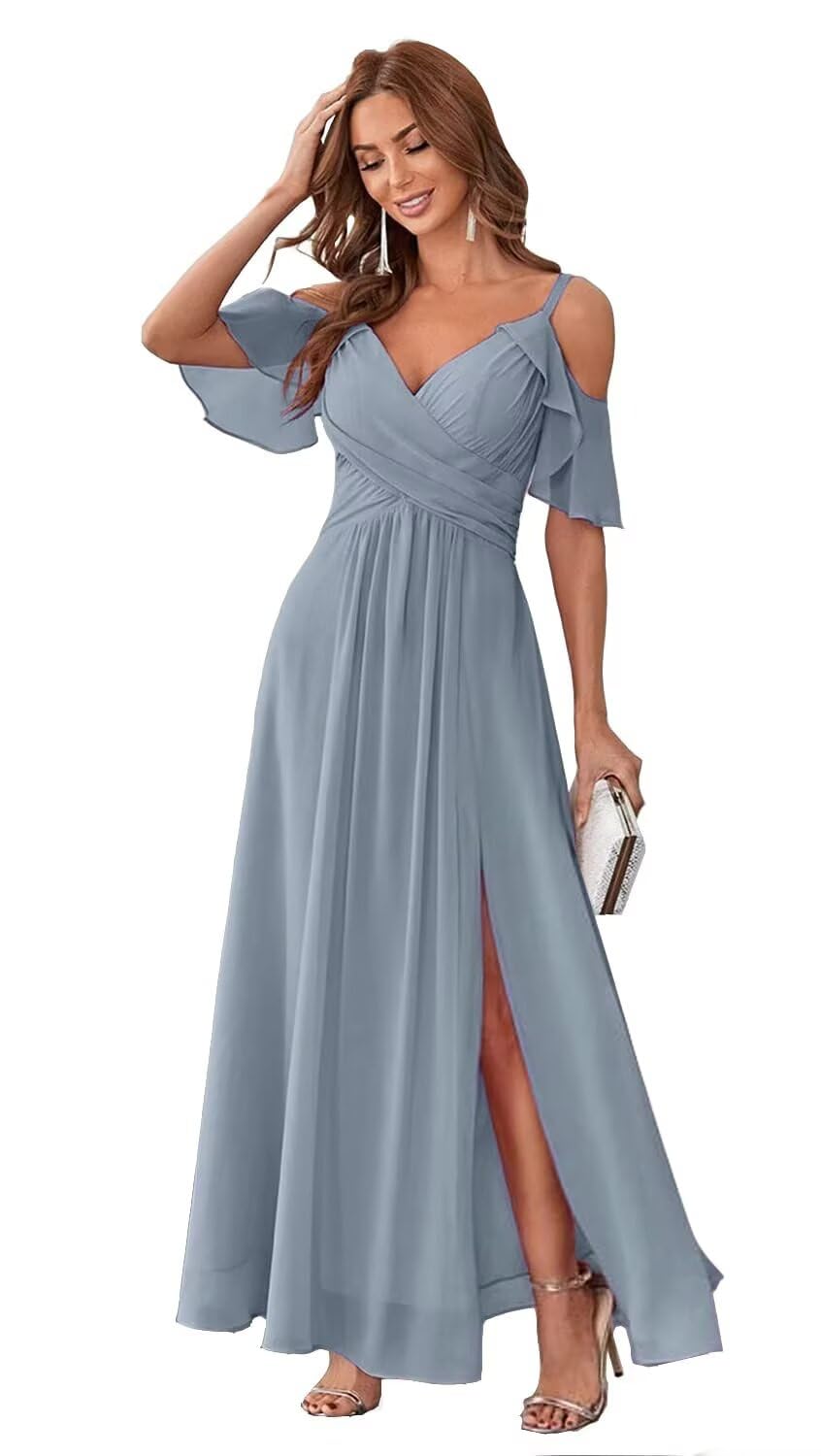 Blawhee Elegant Women's Bridesmaid Dresses 2025 for Wedding Slit Cold Shoulder Long Chiffon Formal Party Dresses with Pockets