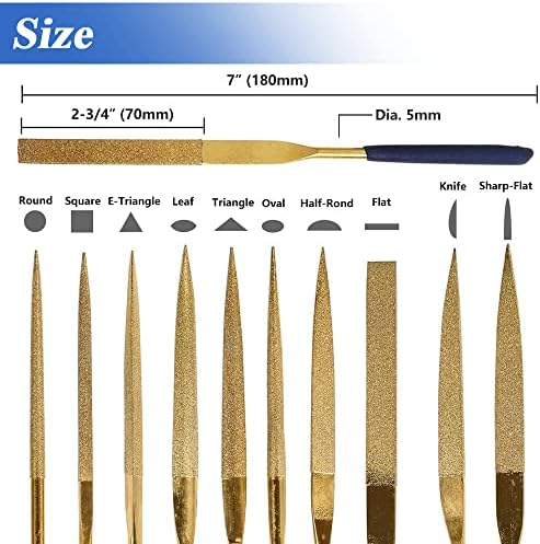 Mesee 10 Pieces Assorted Diamond Needle File Set 180mm Titanium Coated Needle Files Round Triangular Square Flat Shape Riffler Files Craft Hand Tools for Metal Wood Ceramic Jewelry Carving
