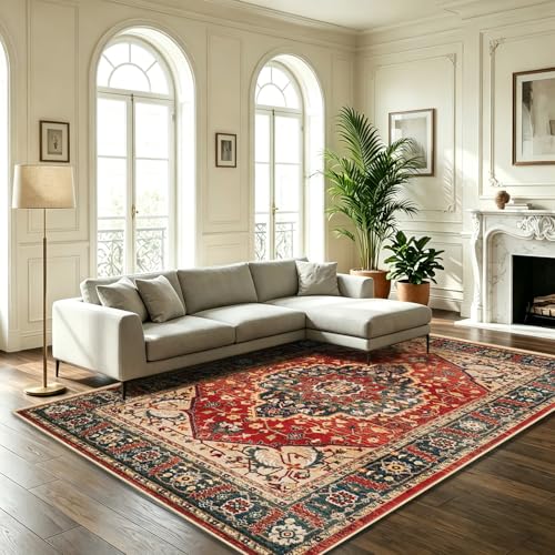 Image of WUTONG Vintage Red Rugs Living Room 160x230cm,Distressed Oriental Carpet Medallion,Low Pile Machine Washable Non Slip Area Rug for Lounge Rust Teal Grey