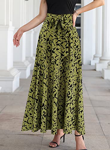 Superprity Women High Waist Boho Maxi Skirt Print Draped Flowy Skirts Pleated Swing A Line Beach Long Skirts-Xl,Green #TOP4
