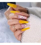 Press on Nails Extra Long Yellow Coffin Fake Nails With Rhinestones and Flower Designs False Nail...