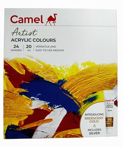 Image of Camel Artist Acrylic Colours Set | 24 Shades x 20ml Each | Rich Pigment, Smooth Finish | Ideal for Art, Canvas, Paper, Wood & Craft Work