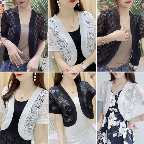 Image of FindThy Women's Cropped Bolero Shrugs Short Sleeve Open Front Floral Lace Hollow Out Cardigan Jacket