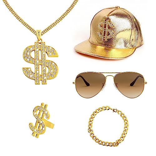 【Pacchetto incluso】 5 pezzi di accessori anni '90, tra cui una collana d'oro con segno del dollaro, un anello del dollaro, 1 paio di occhiali da sole alla moda, braccialetti e berretto hip hop. Questo costume da ship hop è perfetto per incanalare lo stile audace e sicuro delle icone rap degli anni '80 e '90.