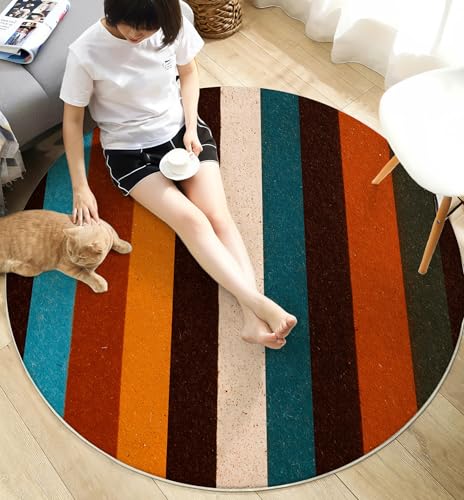Tapis rond rayures rétro classic shaggy chambre vertical coloré - 6