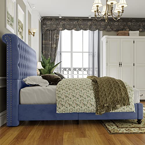 Jocisland King Bed Frame Upholstered Bed Sleigh Headboard Velvet Tufted Diamond Button/No Box Spring Needed/Easy Assembly/Silver Gray #TOP3