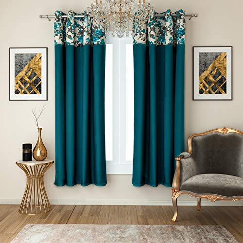 Image of Swayam Blackout Cotton Casement Window Curtain for Living Room & Bedroom | 5 Feet | Room Darkening Curtain with Eyelets | Pack of 2 | Solid Design - Turquoise