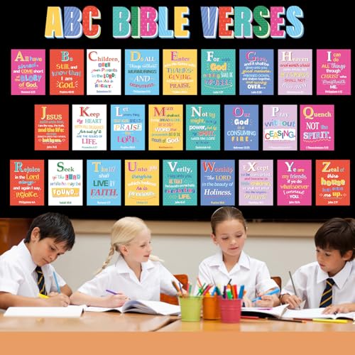 Image of 29Pcs ABC Bible Verse Poster Christian Scripture Bulletin Board Sunday School Classroom Decorations Religious Inspirational Quotes Poster for Back to School Church VBS Classroom Home Wall Decor