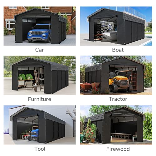 Image of 12x20FT Heavy Duty Metal Carport,Outdoor Garage with Removable Sidewalls & Doors, Heavy Duty Steel Frame and Galvanized Roof for Cars and Boats, Gray