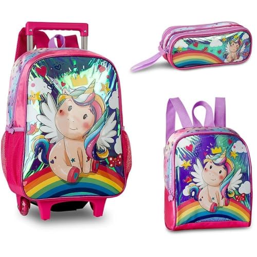 Kit de Mochila Infantil com Rodinha, Estojo e Lancheira, Unicórnio Rosa, G, Clio