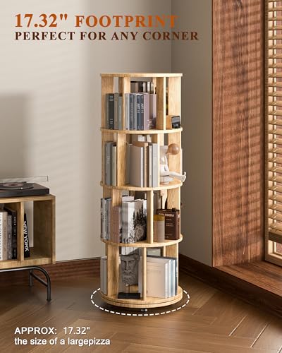 Image of IUNVR 4 Tier Rotating Bookshelf Tower Spinning Bookshelf with Swivel Wheels Book Shelf Rotating Storage Tower for Kids Adult Narrow Solid Wood Revolving Bookcase Organizer for Bedroom Living Room
