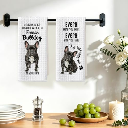 Image of 2 Pcs French Bulldog Kitchen Towels 24x14 Inch, Funny Frenchie Reusable Dish Towels for Kitchen Bathroom Decor, Waffle Weave Hand Cloth Tea Towel, French Bulldog Gifts for Women Girls Friend