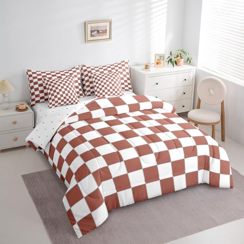 Image of Erosebridal Checkered King Bed in A Bag 7 Piece White Light Caramel Checkerboard Bedding Set,Buffalo Plaid Grid Comforter Set with Sheets for Kids Teen Adults Aesthetic Geometric Gingham Bed Set
