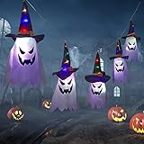 Swetup 5 Stück Halloween Dekoration Garten, Hängend Beleuchteter Hexenhut Halloween Hexenhut Lichterketten Leuchtende Geist Deko, für Halloween Party Garten Dekor(Farbe)