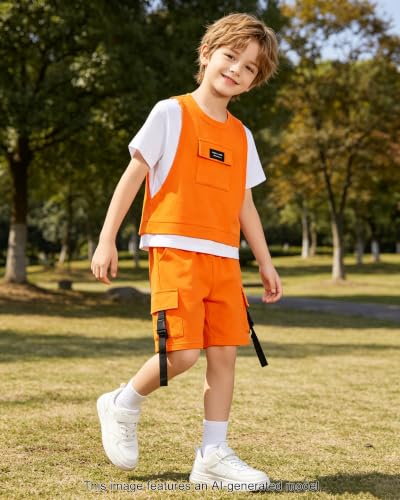Image of SANGTREE 2Pcs Cotton Boys Clothes Short Sleeve T-Shirt and Shorts Teen Kids Summer Casual Outfit Boy Sets, 3-12 Years