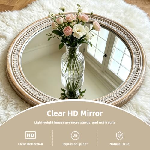 Image of 36 Inch Rustic Farmhouse Round Mirrors for Wall Decor, Wooden Circle Mirror | Boho Accent, HD Tempered Glass, Decorative Focal Point for Over Sink, Living Room, Entryway, Bathroom, and Hallway