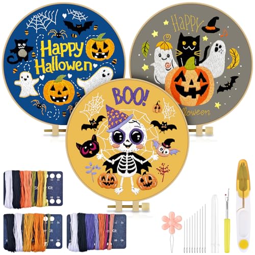 Image of TINDTOP Halloween Embroidery Kit for Adult, 3 Pack Embroidery DIY Starter Kit, with Stamped Patterns, Hoop, Tools, Colorful Threads with Needles, Instructions | 3 Pack, with Stamped Patterns, Hoop, Tools, Colorful Threads with Needles, Instructions