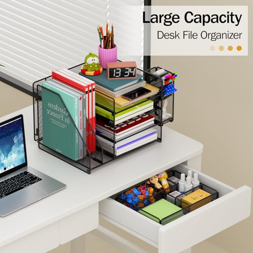 7 code Desk Organizer with File Holder, 5-Tier Letter Paper Tray Organizer with Drawer & Pen Holders, Desk Accessories Organizers and Storage, 2 Magazine Holder for Office Supplies (Black) by 7 code - Image 3
