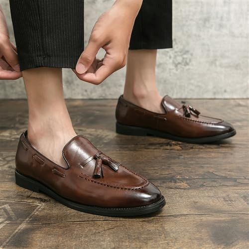Men's Formal Tassel Loafers Spanish Leather Prom Slip On Pointed Toe Anti-Slip Office Business Shoes(Brown,6.5)2