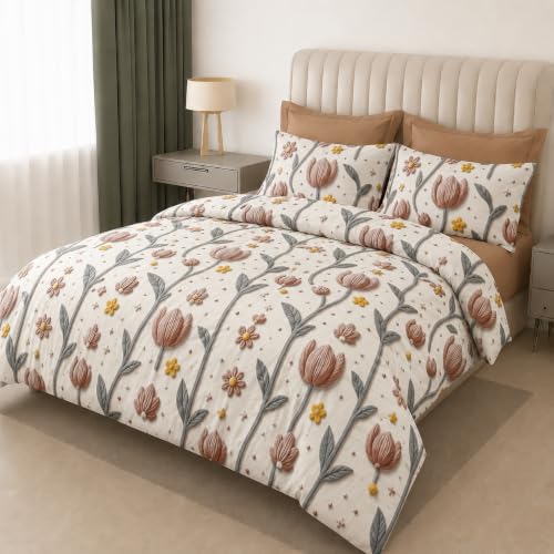 Image of DECOR2ADMIRE 300 TC Premium 7D Print Super King Size Cotton Bedsheet Set with 2 Pillow Covers | Ultra Soft 108 inch x 108 inch | Elegant Floral Designs (Beige Petals)