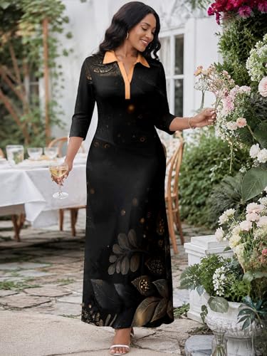 Image of PinkPatty Women's Casual 3 /4 Sleeve Polo V Neck Bodycon Maxi Dress