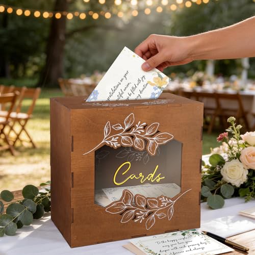 Image of Ywlake Wooden Wedding Money Box Holder with Sign, Large Rustic Card Box with Acrylic Window, Vintage Envelope Gift Post Card Box for Reception Anniversary Graduation Birthday Party Parties (Brown)
