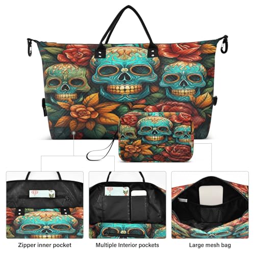 Blue Floral Skull Art Travel Duffel Bags Gym Bag Weekender Handbag with Toiletry Bag for Women Girls Men2