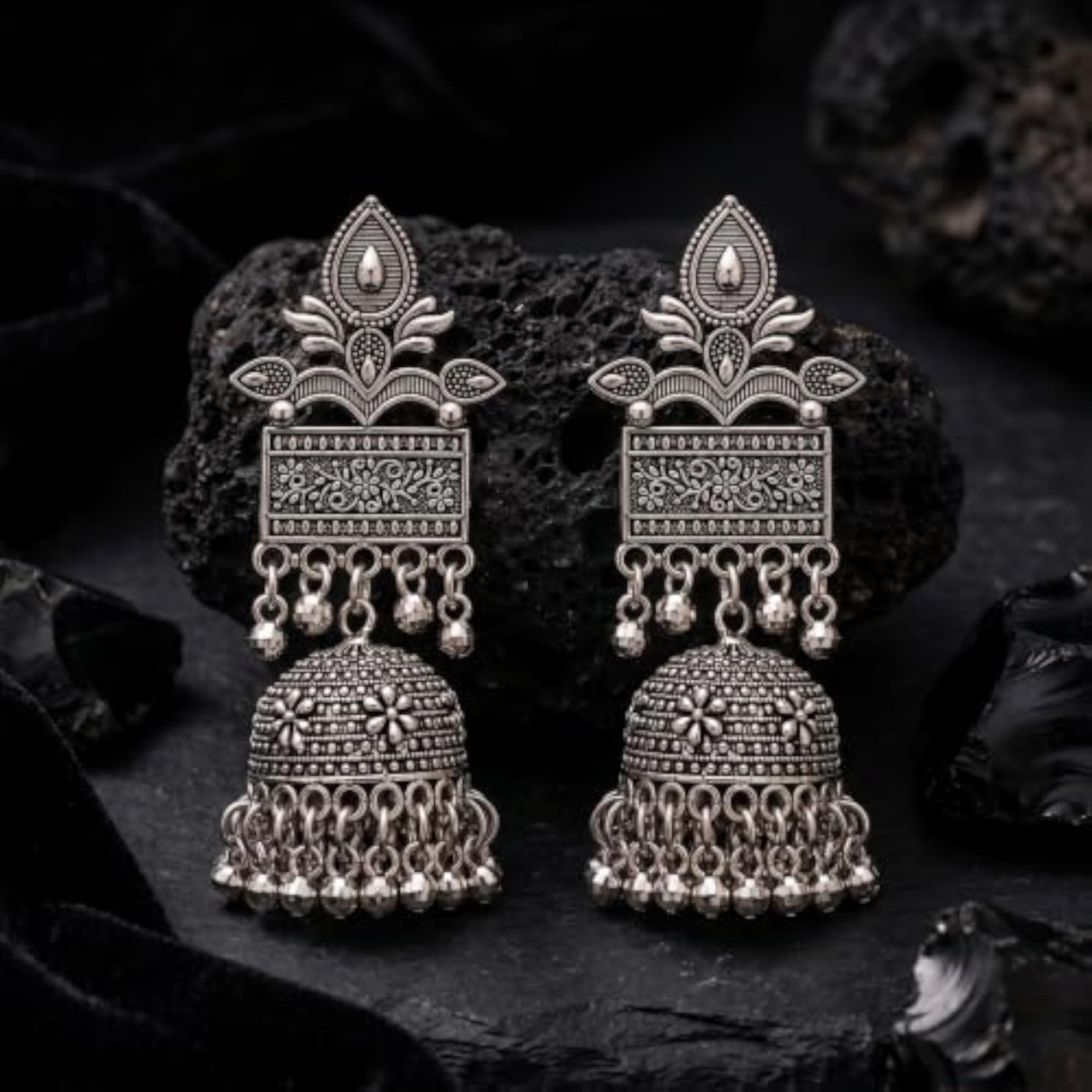 Women's Ethnic Silver Oxidised Dangle Jhumka Earrings, Style 2