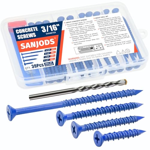 Image of SANJODS Concrete Screw Anchor - 3/16" Diameter, 4 Sizes (1-1/4", 1-3/4", 2-1/4", 3-1/4") Set - Blue Flat Head Screws Kit for Anchoring to Masonry, Brick, Block, Cement or Stucco (Pack of 39)