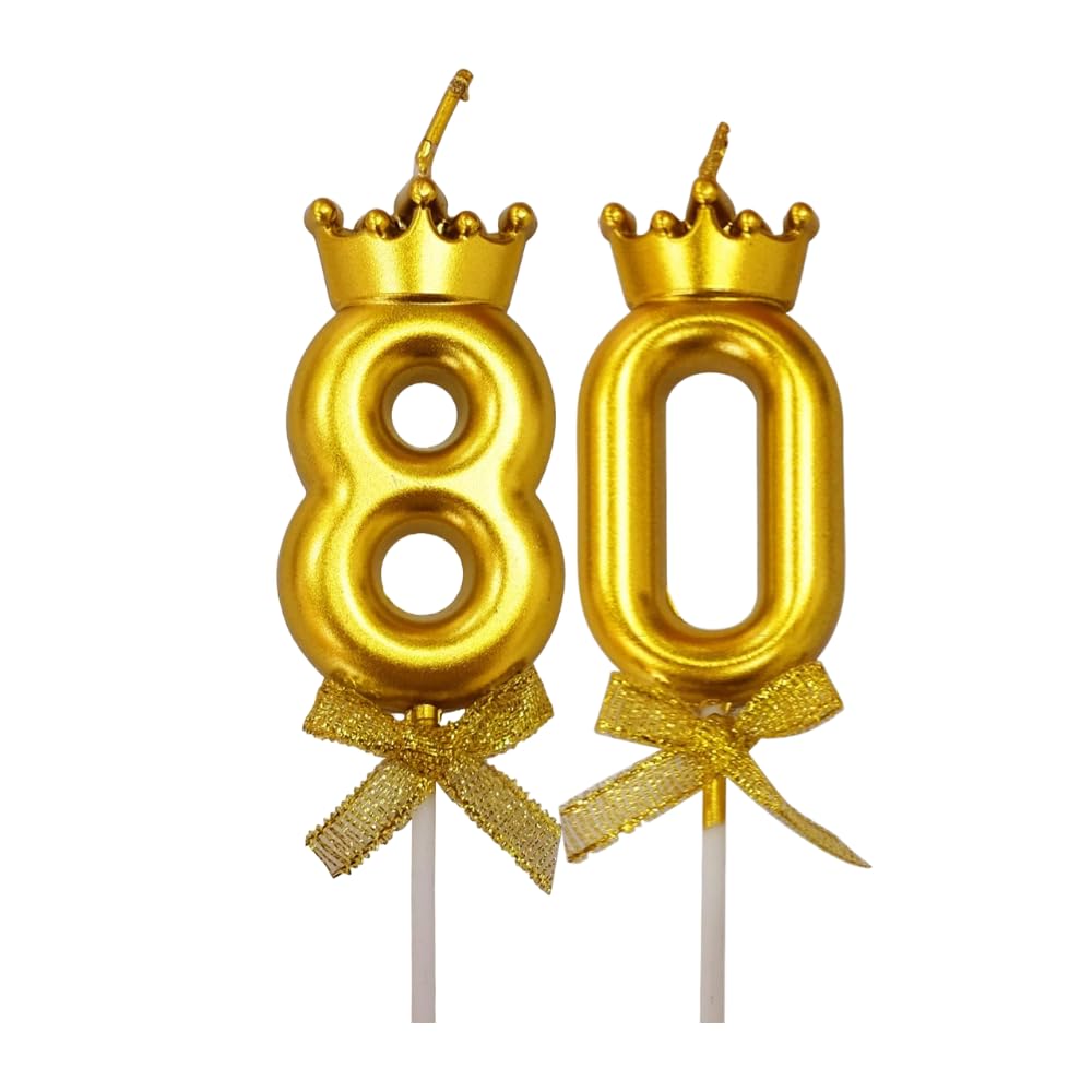 FI - FLICK IN 2 Pc 80 Candle for Birthday Cake Metallic Gold With Crown on Top for Anniversary Cake Topper 80th Birthday Cake Decoration 0-9 Candles (Pack of 2, Gold)-image-13