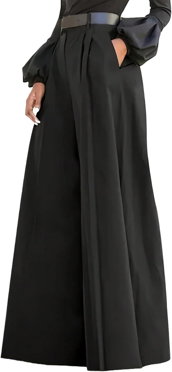 OYOANGLE Women's Zipper Fly Wide Leg Dress Pants High Waist Pleated Baggy Pants with Pockets
