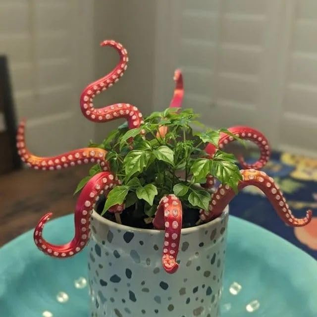 House Plant Accessories Decor - Set of 7 Sea Monster Tentacles,Glowing Octopus Tentacle Plant Stake,Garden Decorations for Halloween，Garden Stakes for Plant Decor,Octopus Tentacle Stakes (Red)