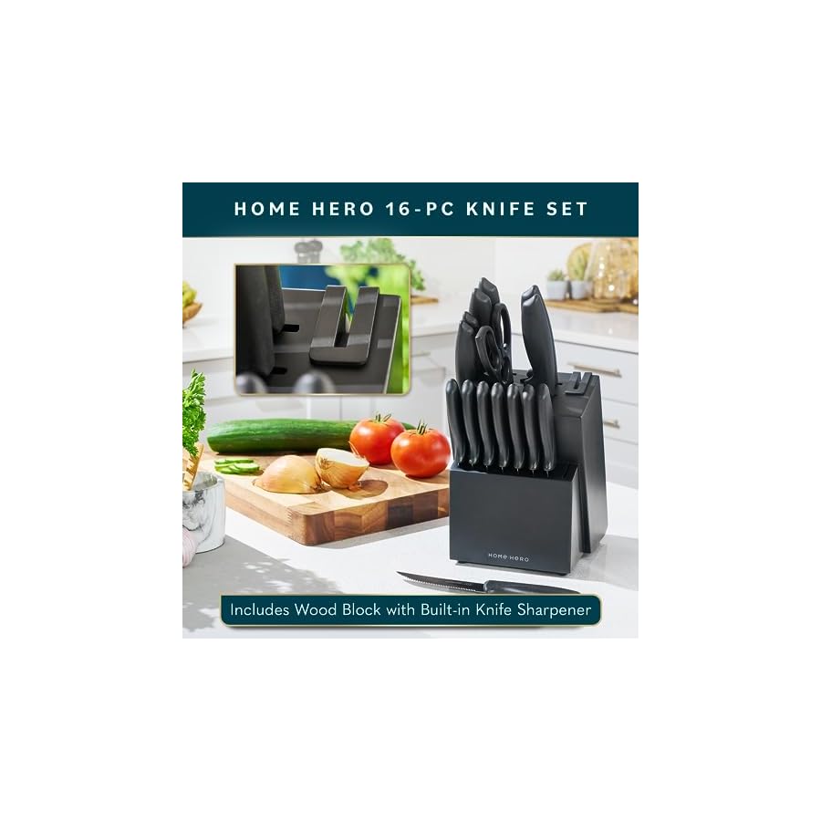 Home Hero Kitchen Knife Set with Sharpener - High Carbon Stainless Steel Knife Block Set with Ergonomic Handles (16 Pcs - Black)
