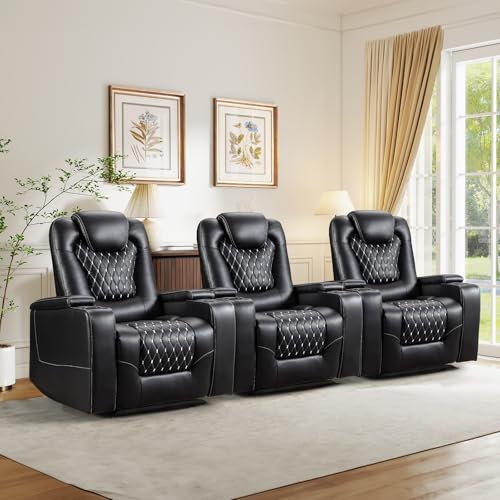 Reviews de Sillon Reclinable de Piel - 5 favoritos. 44 ANJ - Juego de 3 sillas reclinables eléctricas, de piel sintética suave, para cine en casa, con puertos USB, portavasos, almacenamiento de brazo oculto, diseño moderno y negro