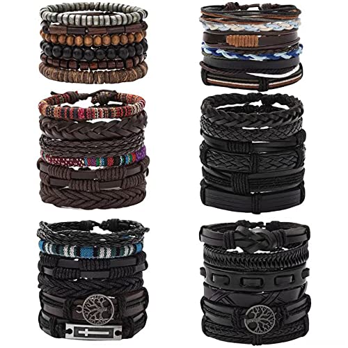 Mozaka 36Pcs Braided Leather Bracelets For Men Women Handmade Wrap Woven Cuff Bracelets Wooden Beaded Bracelets Vintage Ethnic Tribal Wristbands Bracelet Set Adjustable #TOP12