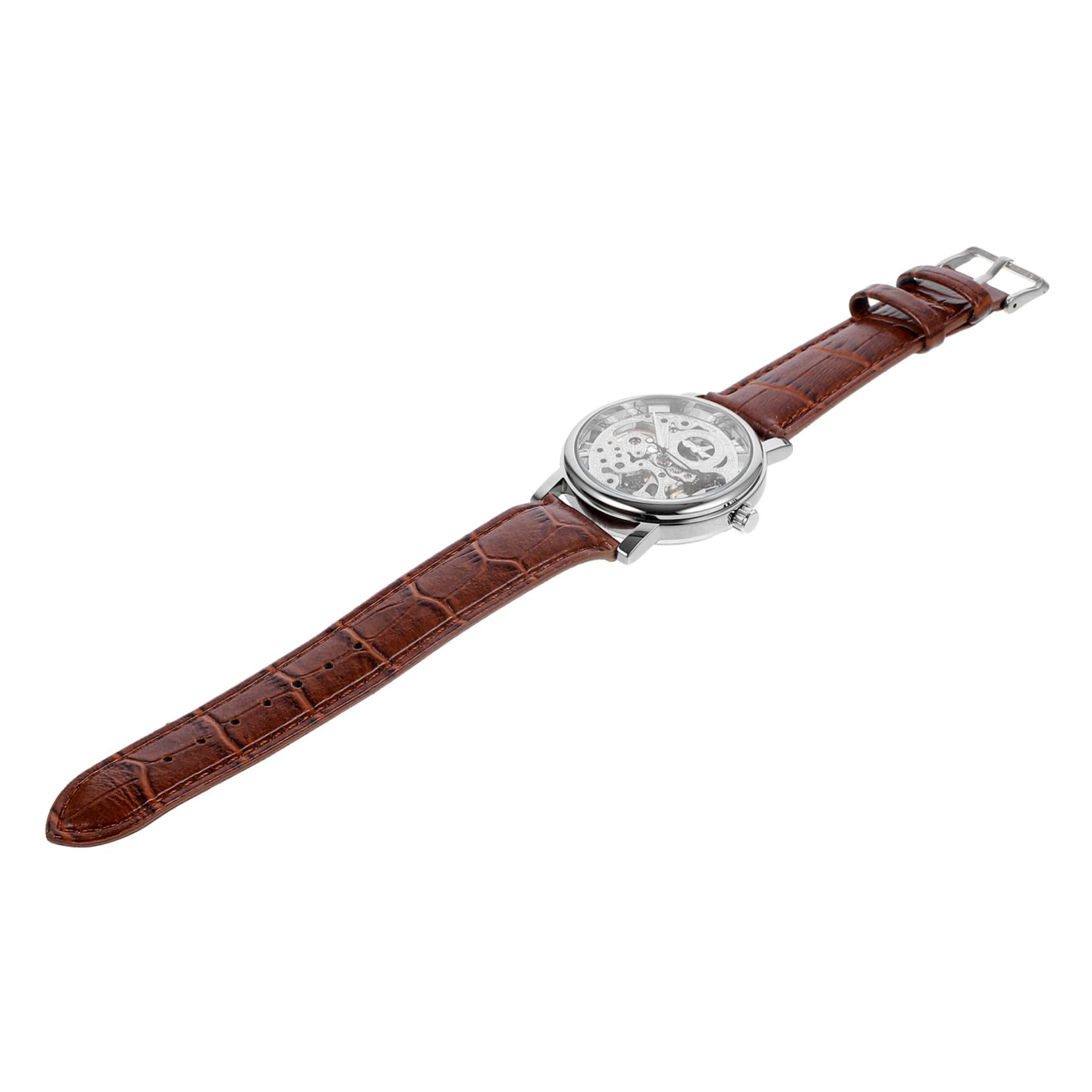 Healvian Winner Orologio Meccanico Manuale con Rotondo Cinturino PU Regolabile Marrone e Cassa Preciso e Design