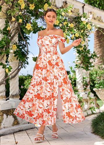Image of GRACE KARIN 2026 Women's Summer Floral Wedding Guest Dress,Beach Flowy A Line Maxi Off Shoulder Bridesmaid Dresses