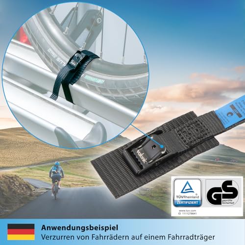 valonic ANT - 4X 35cm Kurze Spanngurte für Fahrradträger, gepolstert, Blaue Fahne, TÜV Rheinl. / GS Zertifiziert, Spanngurt mit Klemmschloss, schwarz - für Dachbox, Fahrrad, Bike, Zurrgurt