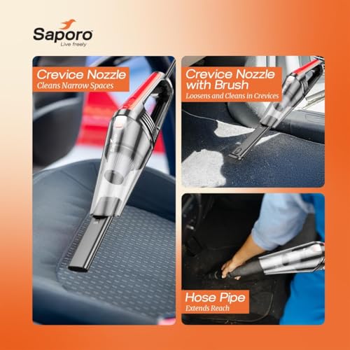 Image of SAPORO Eco Portable Car Vacuum Cleaner 120W, DC 12V Handheld Vacuum with 6000Pa Powerful Suction, HEPA Filter, LED Torch, 16ft Cord, Cleaning Accessories, Black