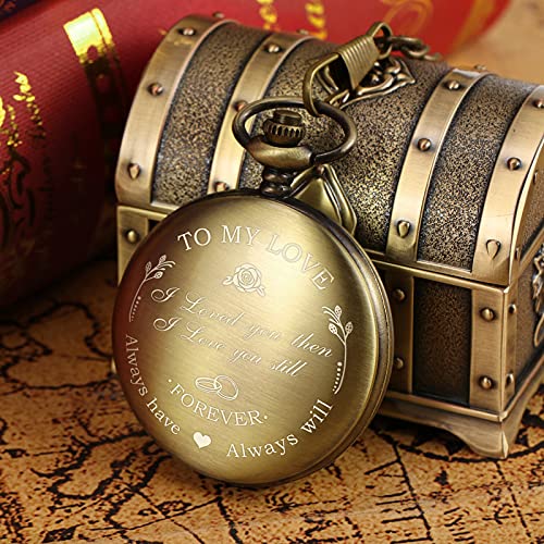 Image of TREEWETO Mens Womens Quartz Personalized Pocket Watch Engraved Engraving Customized with Chain Gift Box Wedding Gift for Groomsman Bestman Husband Dad Love