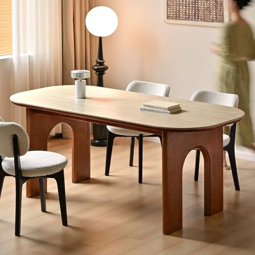 YESWOOD Table à Manger 6 Personnes en Tulipier Massif, Plateau Pierre Frittée Travertin, Design Moderne du Milieu du Siècle, Table pour Salon, 160 x 80 x 76,2 cm, Teck