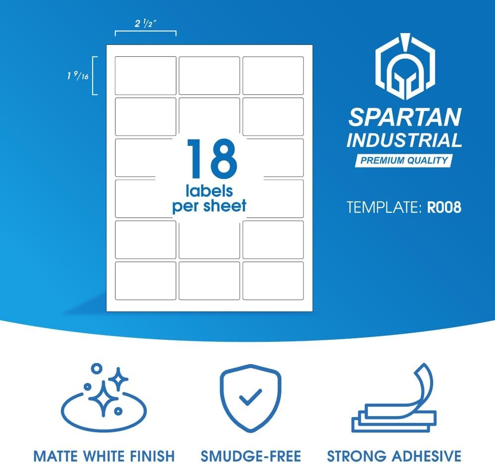 2.5" X 1.563" Matte White Printable Product Labels (250 Sheets, 4500 Stickers) Bottle and Jar Labels, Packaging Stickers for Laser & Inkjet Printers - Spartan Industrial Template R008