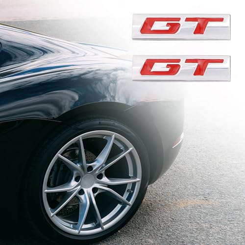 Image of 2 Pcs GT Emblem 3D Metal Nameplate Badge Decal Car Side Rear Front Trunk Bumper Badge Sticker For Genesis Ford Mustang (Silver Red)