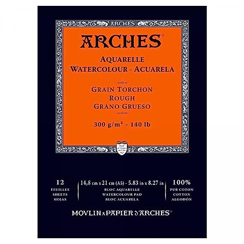 Arches - Papel de acuarela, bloc 12 hojas engomado 1 lado, grano grueso, 300 g/m², A5
